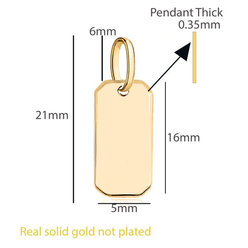 May include: Gold rectangular pendant with a loop at the top. The pendant measures 16 mm by 5 mm and is 0.35 mm thick.  The pendant is made of solid gold and is not plated.