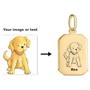 May include: Gold-colored dog tag with a black and white illustration of a dog and the name "Rex" engraved on it.