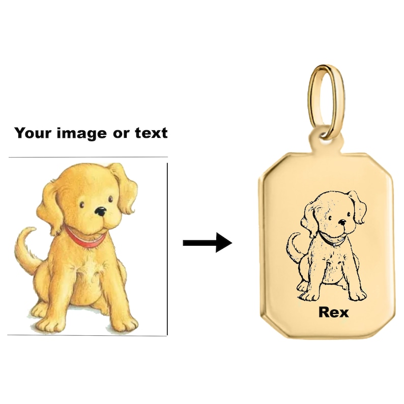 May include: Gold-colored dog tag with a black and white illustration of a dog and the name "Rex" engraved on it.