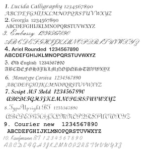 May include: A chart showing different font styles with the alphabet and numbers 1234567890. The fonts include Lucida Calligraphy, Georgia, Embassy, Ariel Rounded, Old English, Monotype Corsiva, Script MT Bold, Typo Upright BT, Courier New, and Kaufmann BT.