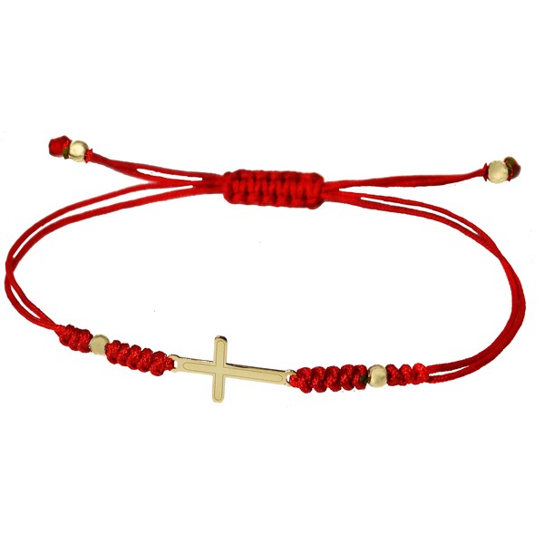 Gold Cross Bracelet Friendship Red String Adjustable Bracelet Solid 9ct /10K /14K Yellow Gold