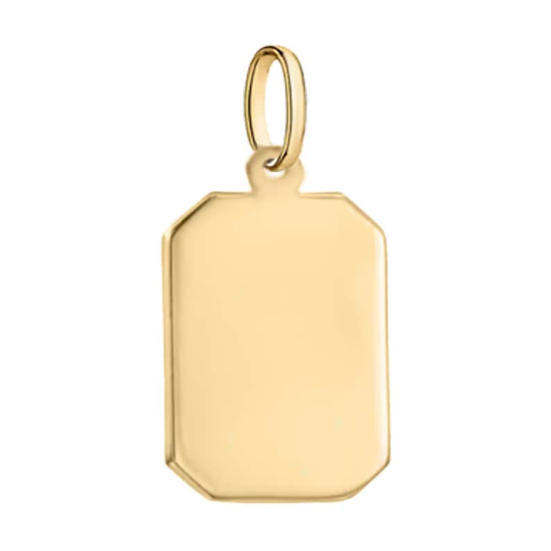 May include: A gold-colored, rectangular pendant with a smooth, polished surface. The pendant has a rounded top and a loop for attaching a chain.