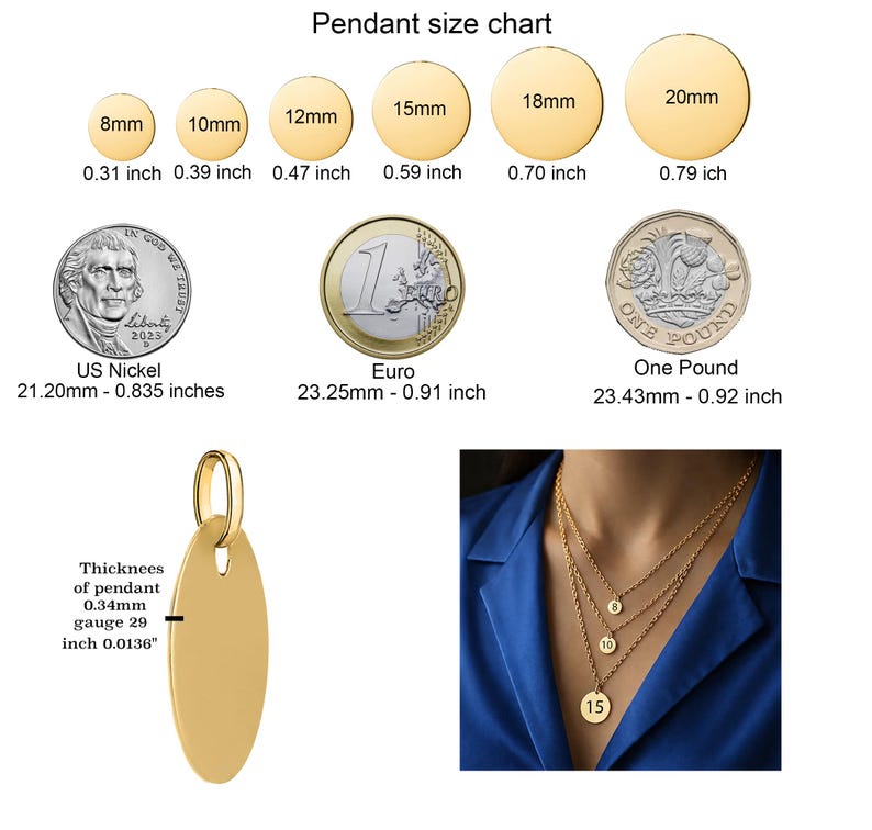 Puede incluir: Una tabla de tallas de colgantes que muestra colgantes dorados de 8 mm a 20 mm, con comparaciones con un n&iacute;quel estadounidense, un euro y una libra esterlina. Incluye un colgante ovalado dorado y un collar en capas.