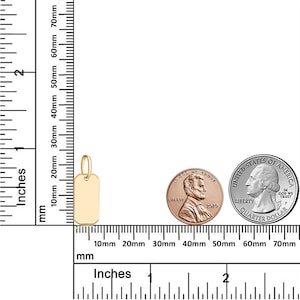 May include: A gold-colored metal pendant in the shape of a rectangular tag. The pendant is about 1 inch long and 1/2 inch wide. The pendant is shown next to a US quarter and a US penny for size comparison.
