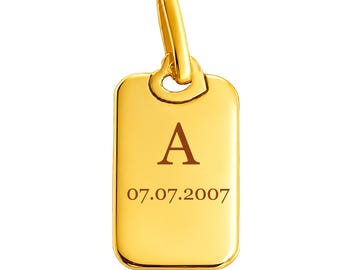 Personalized Solid Gold Tag Pendant, 14K 10K Gold Engraved Dog Tag Charm, Custom Initial Date Name Pendant, Memorial Gift for Him Her