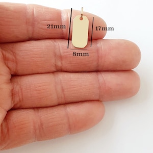 May include: A gold-colored rectangular tag with a hole at the top. The tag is 17 mm wide, 21 mm long, and 8 mm thick.