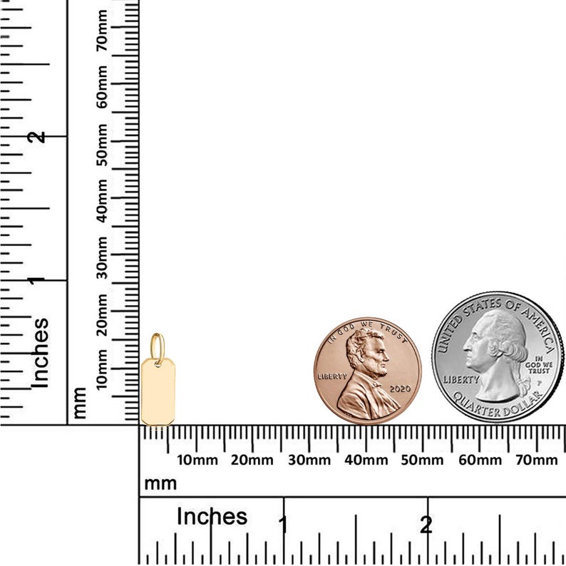 May include: A gold-colored dog tag pendant measuring approximately 1.25 inches in length. The pendant is shown next to a US quarter for size comparison.