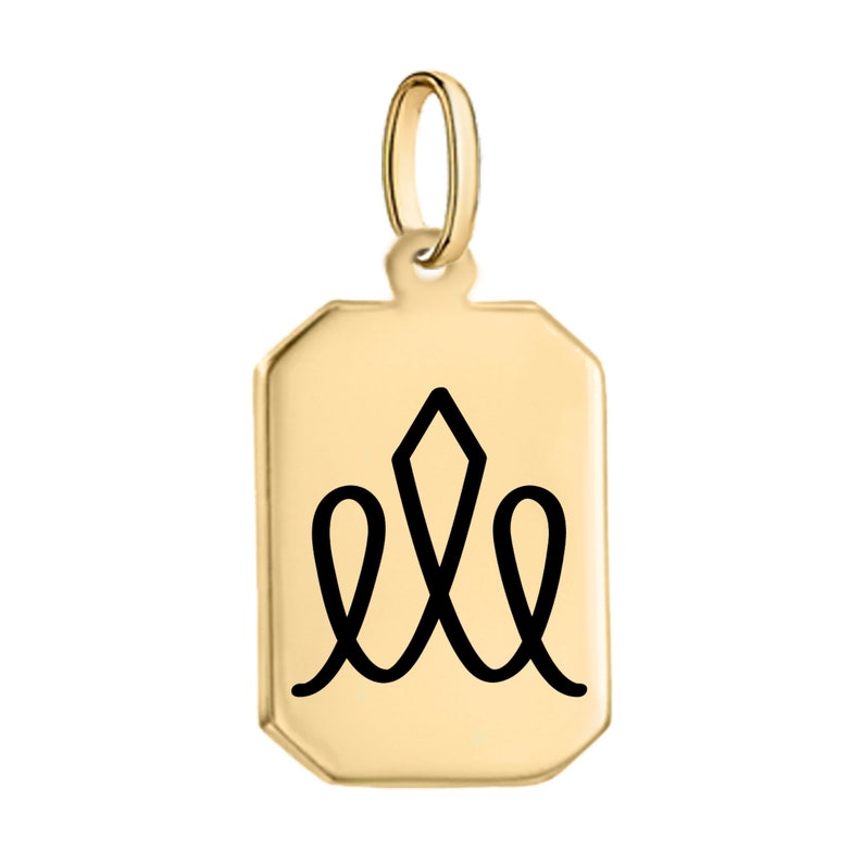 May include: Gold charm with a black stylized crown design. The charm is in the shape of a rectangle with rounded corners.