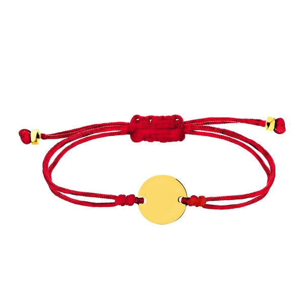 Bracelet Or Personnalisé Disque Rond Amitié Chaîne Cordon Rouge Or Jaune 14K/10K/9ct