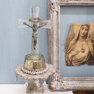 Vintage Glass crucifix rhinestones Crown of thorns aged pedestal