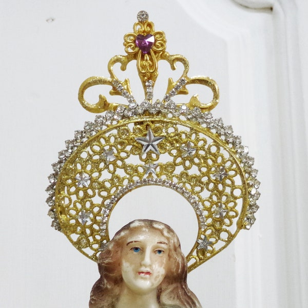 Ornated rhinestones Stars cross Virgin Mary statue halo