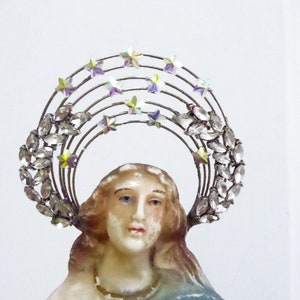 Stars rhinestones aged silver metal Virgin Mary statue halo