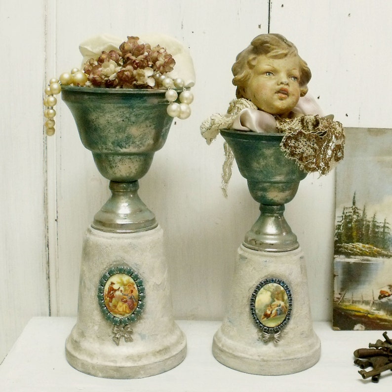 Vintage aged Trophy cups Cameo rhinestones pair