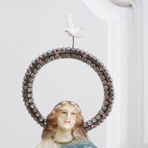 Jesus rhinestones halo Virgin Mary dove hearts silver metal ring statue adorn