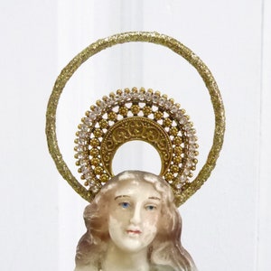 Ornated filigree rhinestones gold metal Virgin Mary saints halo