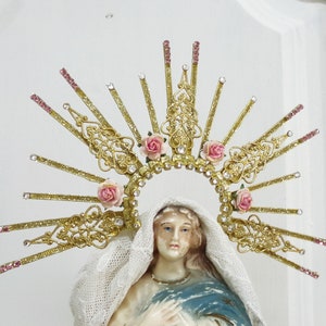 Roses golden filigree rhinestones Halo crown for statues