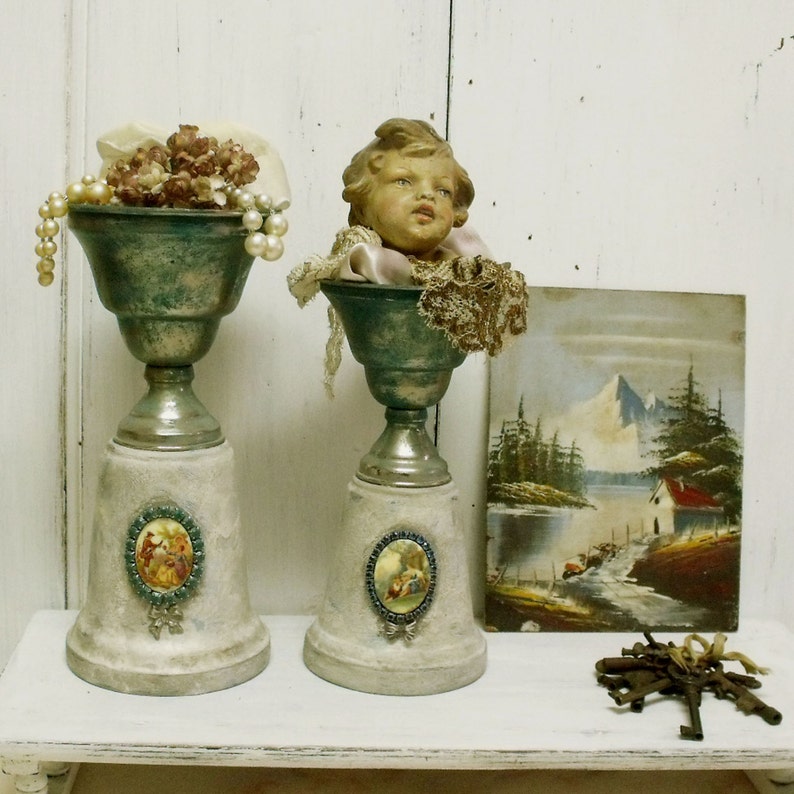 Vintage aged Trophy cups Cameo rhinestones pair