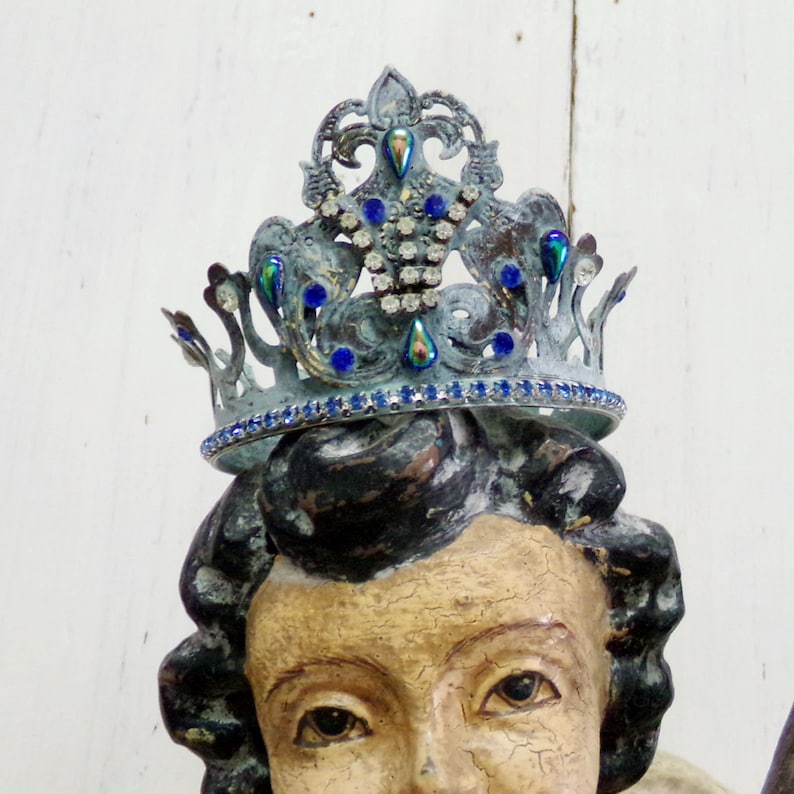 Vintages verdigris brass Crown rhinestones statue decor