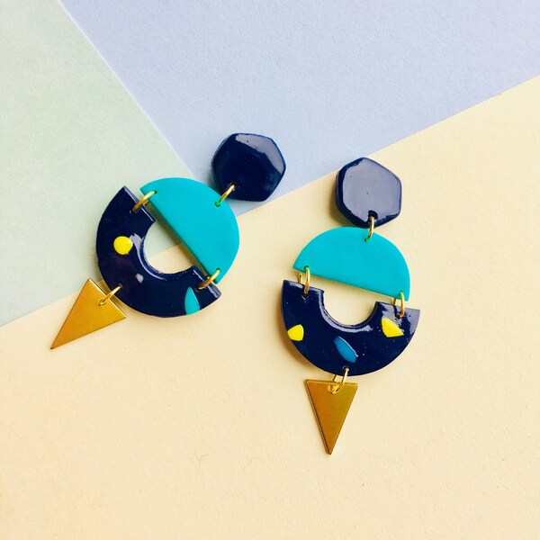 SALE Statement Geometric Earrings. Colourful 80s Style Earrings. Funky. Half Circle. Brass.  Colourful Earrings. Festival Summer Earrings