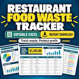 Könnte beinhalten: Eine digitale Vorlage zur Verfolgung von Lebensmittelabfällen in Restaurants mit dem Text Restaurant Food Waste Tracker, Editable Excel, Instant Download und Track waste. Protect profit. Die Anzeige enthält Diagramme, Tabellen und Datenspalten zur Kostenkontrolle.