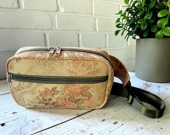 Handmade Floral Brocade Fanny Pack, Vintage Tapestry Waist Bag, Cottagecore Belt Bag