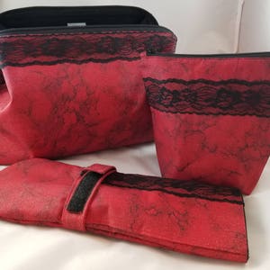 Elegant Red and Black Lace Doctors Bag and Flat Iron Cosmetic Kit