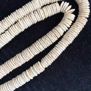 May include: A long strand of white shell beads, strung together to form a necklace. The beads are oval-shaped and have a slightly rough texture.