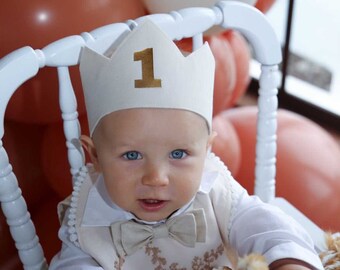 Linen First Birthday Crown- white - 1st Birthday Crown Boy rustic - Modern woodland Party hat--Birthday boy crown-Cake smash boy