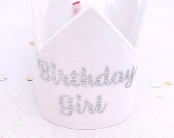 Felt Birthday Girl Crown - White and Silver Felt - Girl birthday crown gift idea