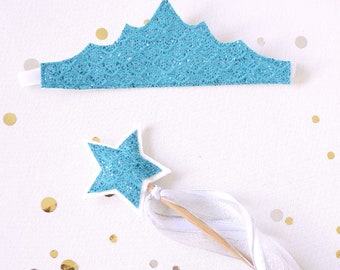 Crown and Wand Set- Mermaid Blue Glitter - mermaid Magic wand- gift under 40 - pretend play dress up star wand - fairy wand-princess wand