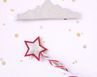 Crown and Wand Set- Silver Glitter Red - Christmas star wand - Magic wand- gift under 40 - pretend play dress up  fairy wand-princess wand