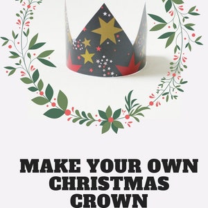 Puede incluir: Haz tu propia corona de Navidad. Una corona de papel negro con estrellas doradas y rojas. La corona est&aacute; rodeada de una guirnalda verde con bayas rojas.