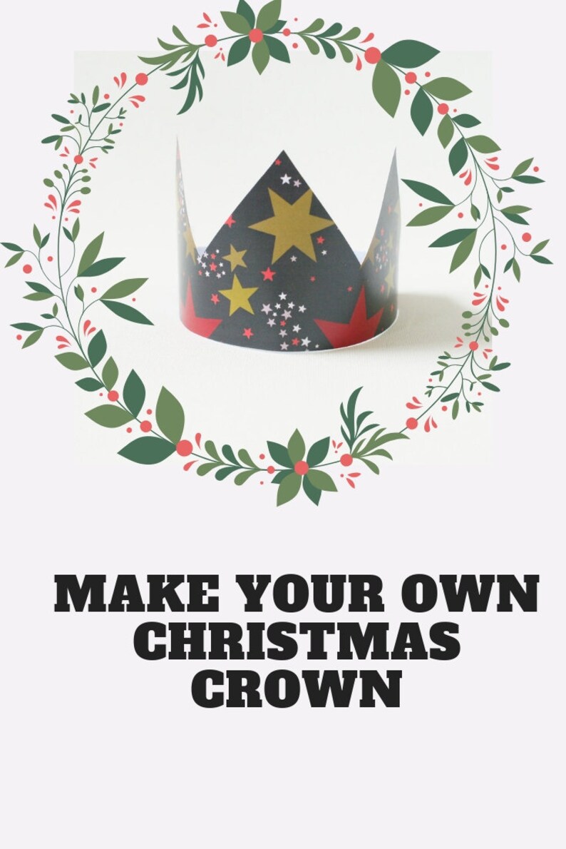 Puede incluir: Haz tu propia corona de Navidad. Una corona de papel negro con estrellas doradas y rojas. La corona est&aacute; rodeada de una guirnalda verde con bayas rojas.