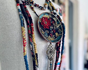 Elegant pendant necklace, large pendant necklace, textile pendant, long necklace, one of a kind, gold thread & bead embellishment