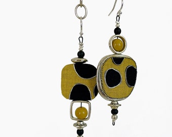 Large earrings asymmetrical lightweight crafted from mustard & black textile with metallic thread detail, sterling silver ear wires