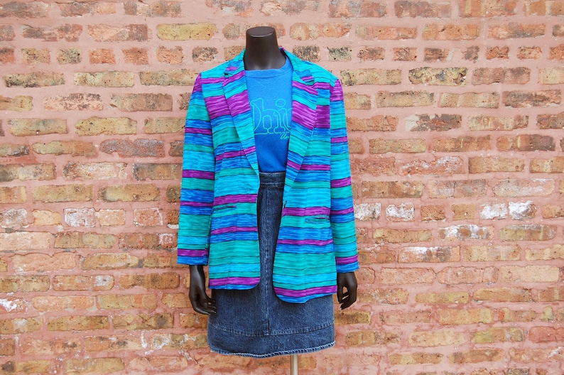 Blue Green Striped Blazer Jacket Vintage 1980s Michael /& Co Size 8 Purple