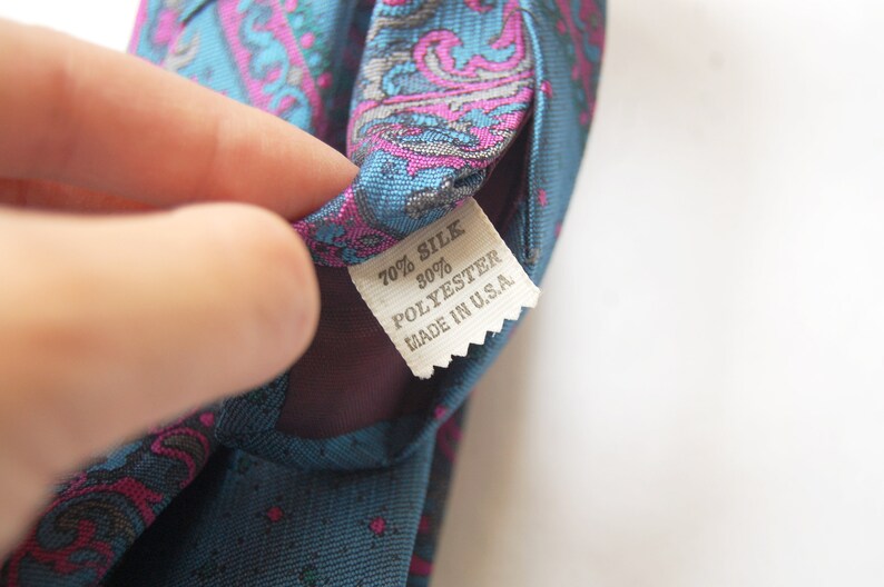 Vintage 1980s Teal Blue and Green Diagonal Ornate Abstract Necktie Silk and Polyester Tie Magenta Pink