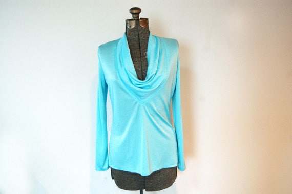 Vintage 1960s Shimmery Aqua Blue Cowl V-Neck Long Sleeve Top w Back Zipper Vintage Size 12
