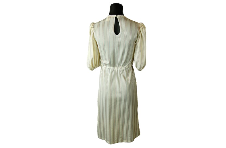 Vintage 1980s Jerri Jee Cream Beige Striped Elastic Waist Overlapping Flap Bodice Midi Dress w Subdued Pink Gray /& Shimmery Stripes Blue