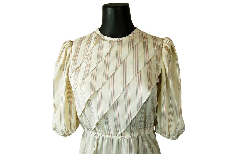 Vintage 1980s Jerri Jee Cream Beige Striped Elastic Waist Overlapping Flap Bodice Midi Dress w Subdued Pink Gray /& Shimmery Stripes Blue