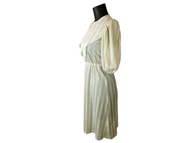 Vintage 1980s Jerri Jee Cream Beige Striped Elastic Waist Overlapping Flap Bodice Midi Dress w Subdued Pink Gray /& Shimmery Stripes Blue