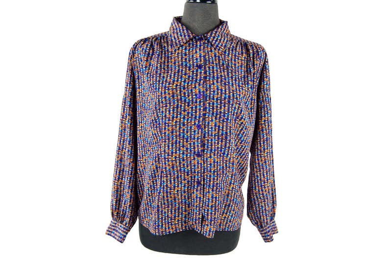 Vintage 1980s Impressions Geometric Print Blouse Colorful Abstract Checkered Top
