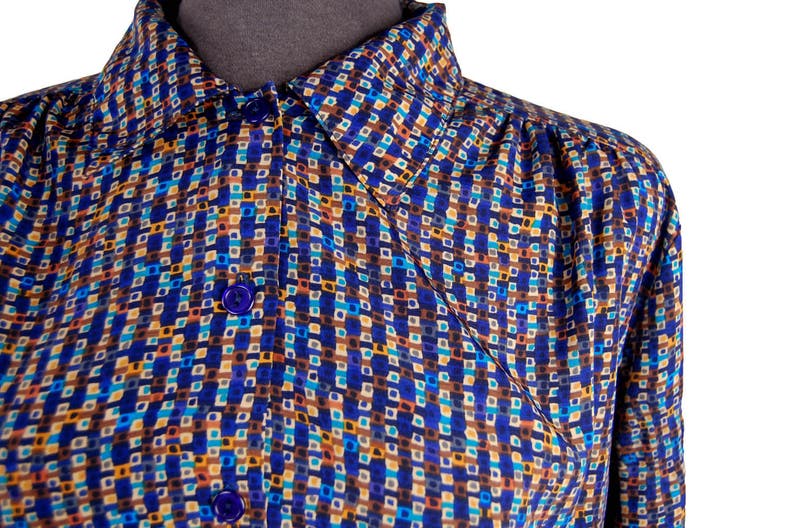 Vintage 1980s Impressions Geometric Print Blouse Colorful Abstract Checkered Top
