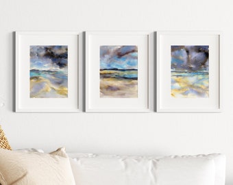 Set of 3 Sand Sea Sky, Abstract Seascape, Anglesey Wales, Art Prints from Original Watercolour Paintings, Coastal Gift, size 30 x 21 cm each