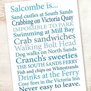 Impresión tipográfica de pared con palabras de la costa de Salcombe, regalo, azul sobre blanco, 30 x 21 cm
