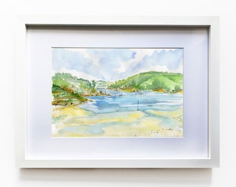FRAMED Salcombe Estuary, South Sands Beach, Art Print from an Original Watercolour Painting, Coastal Gift, 35cm x 27cm, 14 x 11 inch