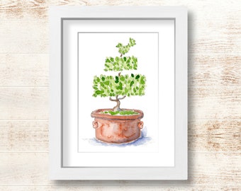 Topiary Bird, Potted Boxwood Tree, Chinoiserie Garden Plant, Original Watercolour Painting, Wall Art Print Gift
