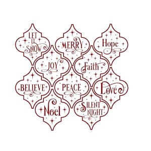 Puede incluir: Un diseño navideño rojo y blanco con las palabras "Let it Snow", "Merry", "Hope", "Joy", "Faith", "Believe", "Peace", "Love", "Noel", y "Silent Night" en una fuente decorativa.