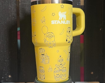 One in a Minion Laser Engraved Stanley Tumbler: yellow 20 oz with lid and straw