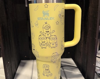 Laser Engraved Stanley Tumbler: one in a minion, pale yellow 40 oz with lid and straw